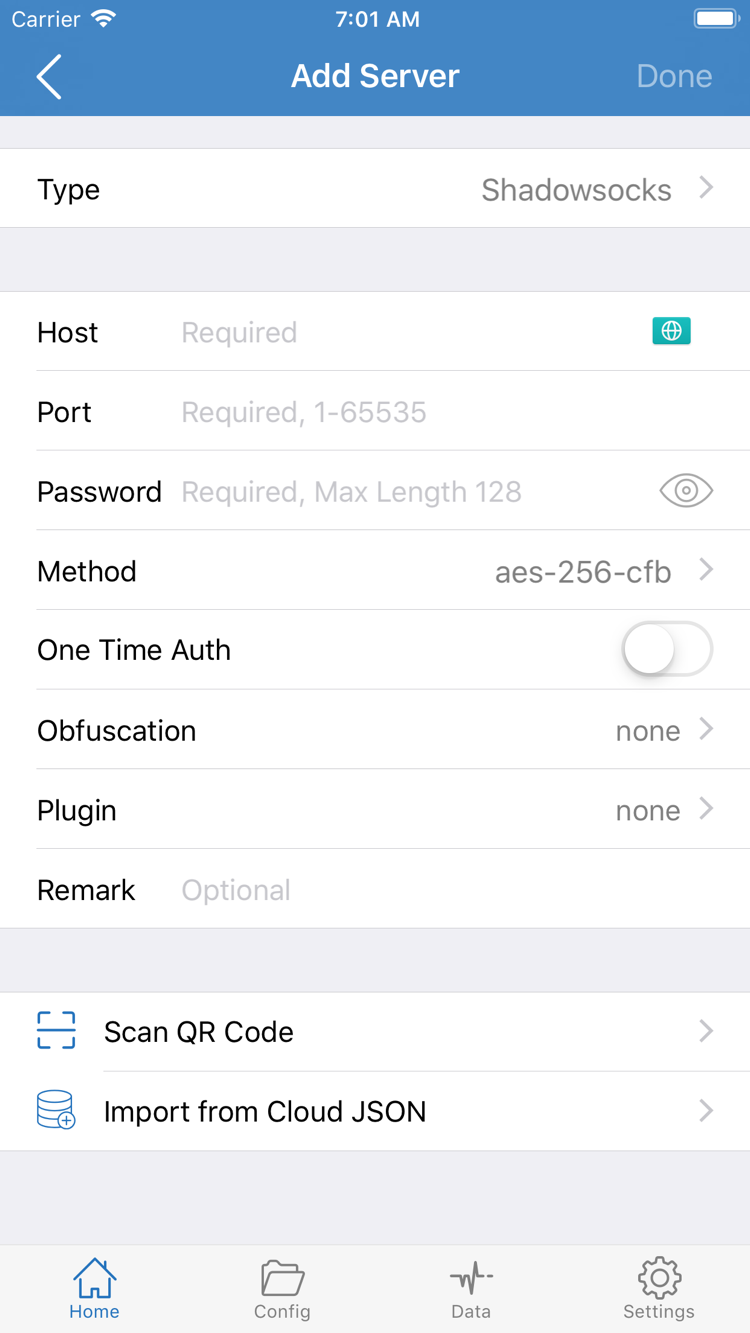 ShadowrocketのAdd Server画面。Type、Host、Port、Password、Methodとインポート項目を表示