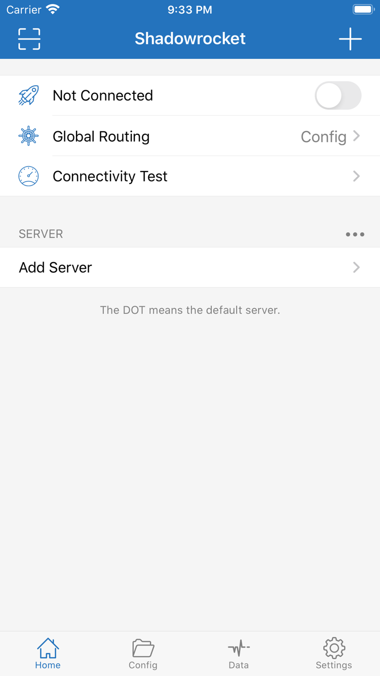 Shadowrocket Home 공식 스크린샷: 연결 스위치, Global Routing 및 서버 목록